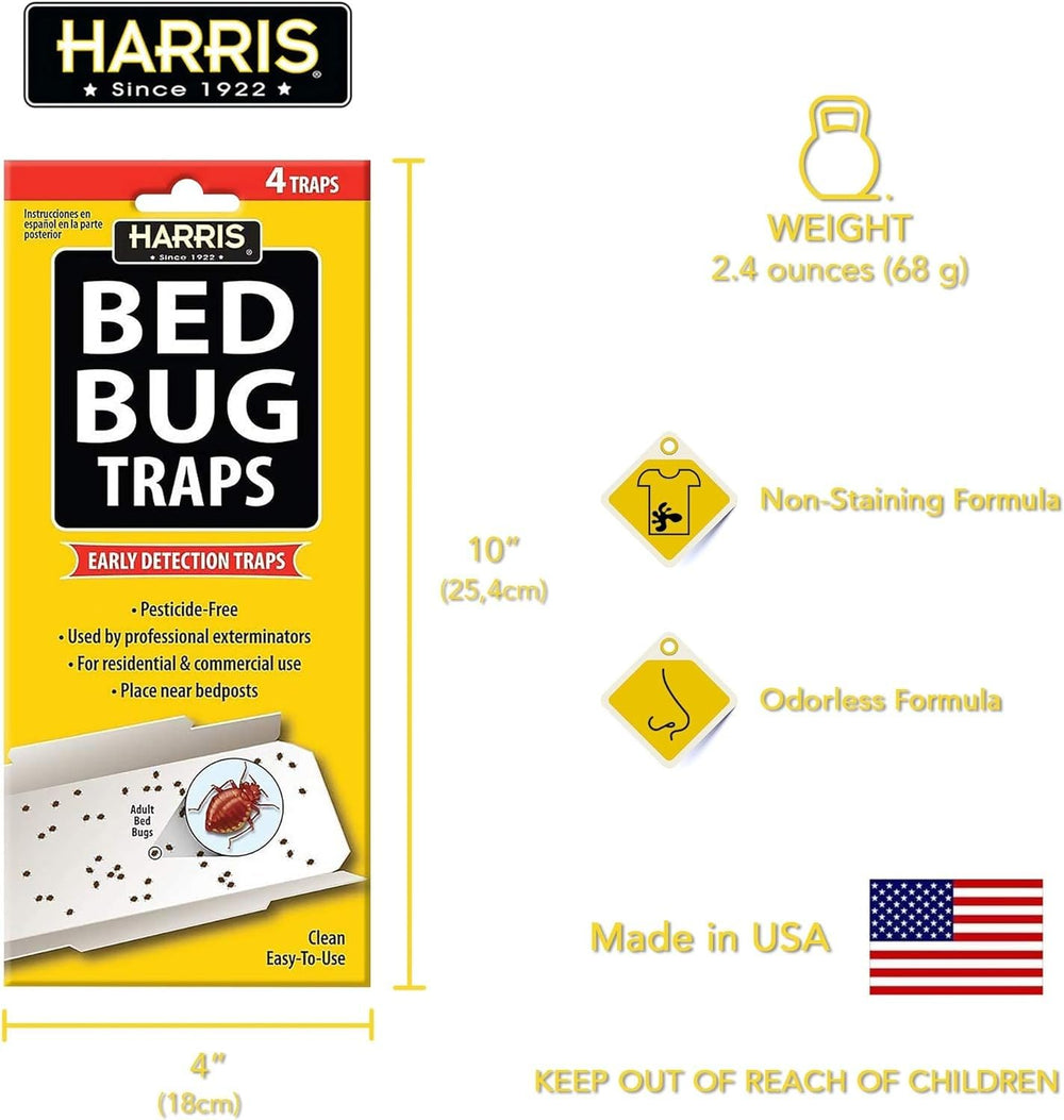 HARRIS bed bug traps discreetly slide under furniture for discreet monitoring.