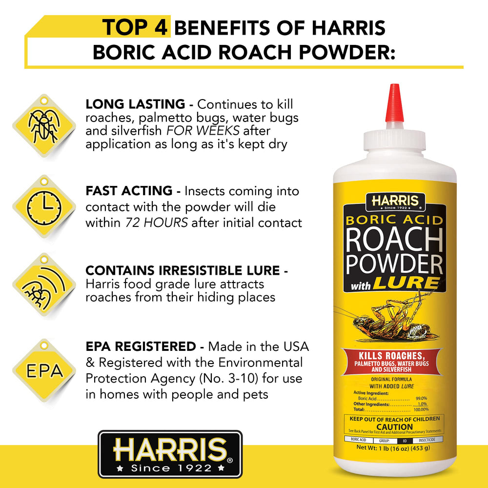 HARRIS boric acid roach killer powder dusting highlights hard-to-reach area coverage.