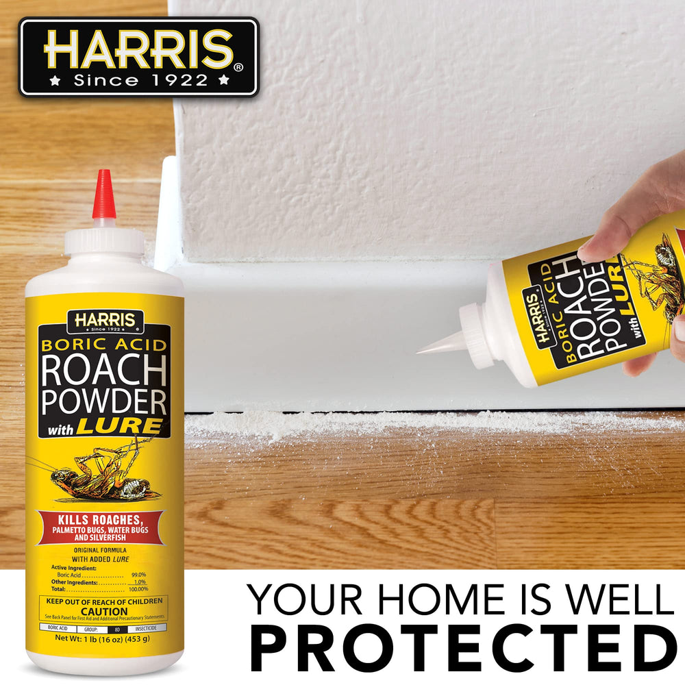 HARRIS boric acid roach killer powder EPA-registered for safe in-home use.
