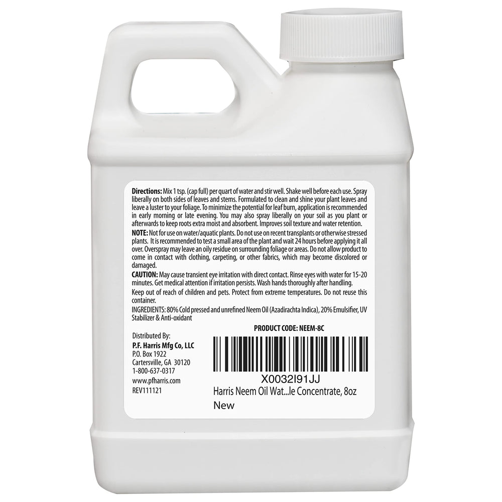 Harris Neem Oil application directions illustration shows proper dilution and use tips.