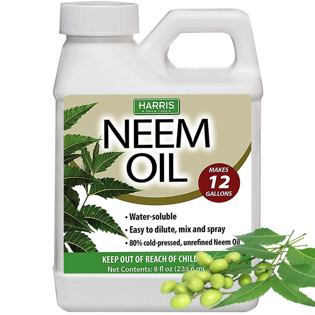 Harris Neem Oil bottle pour shows easy mixing for a ready-to-use plant treatment.