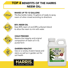 Harris Neem Oil spray on leaves captures application on foliage for even coverage.