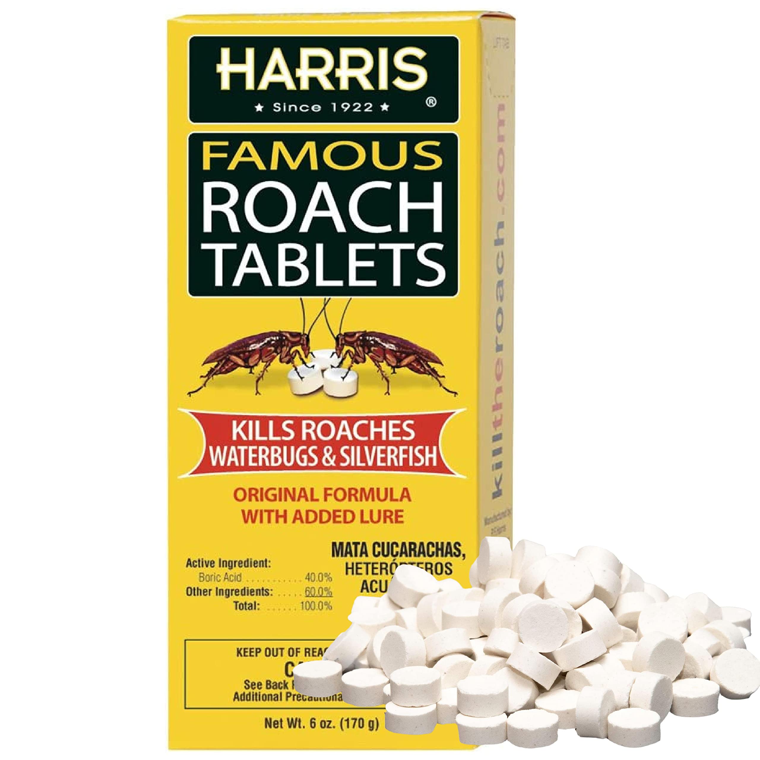 HARRIS Roach Tablets packaging front showing value with 145 tablets for multi-room coverage.