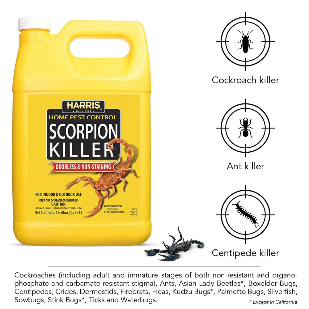 HARRIS Scorpion Killer application area spray targets corners and hiding spots.