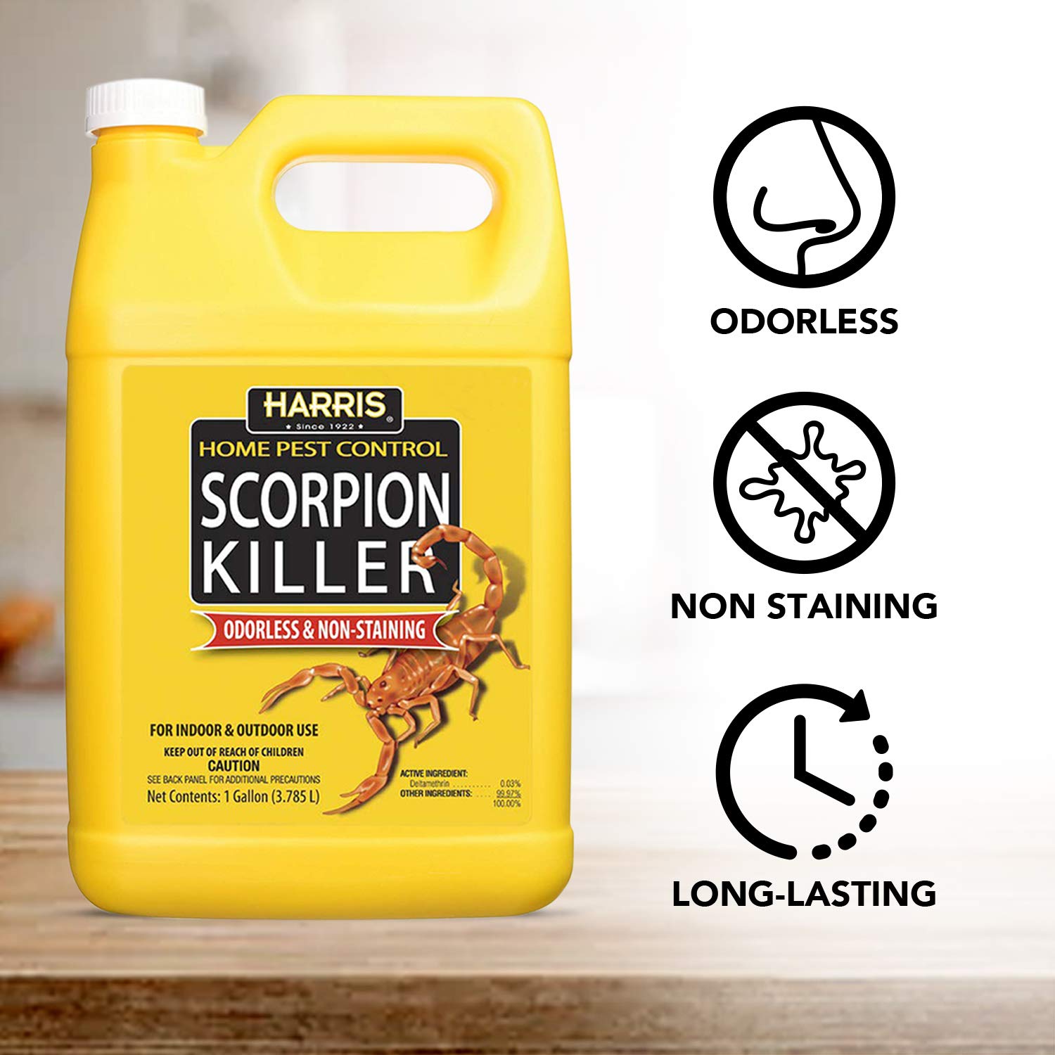 HARRIS Scorpion Killer odorless formula protects fabrics during application.