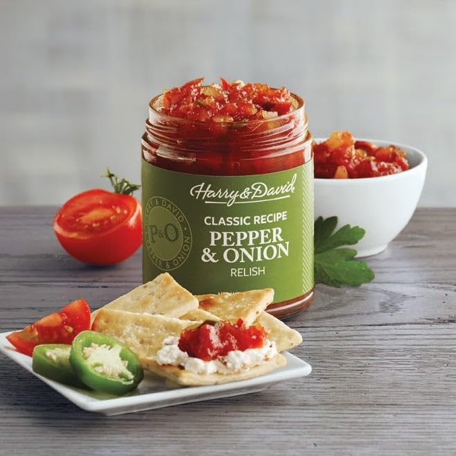 Harry & David Pepper & Onion Relish with cream cheese dip closeup for entertaining.