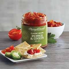 Harry & David Pepper & Onion Relish with cream cheese dip closeup for entertaining.