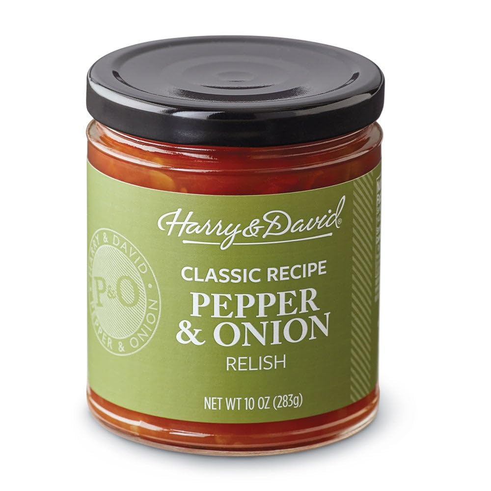 Harry & David Pepper & Onion Relish jar on counter, perfect for burgers and hot dogs.