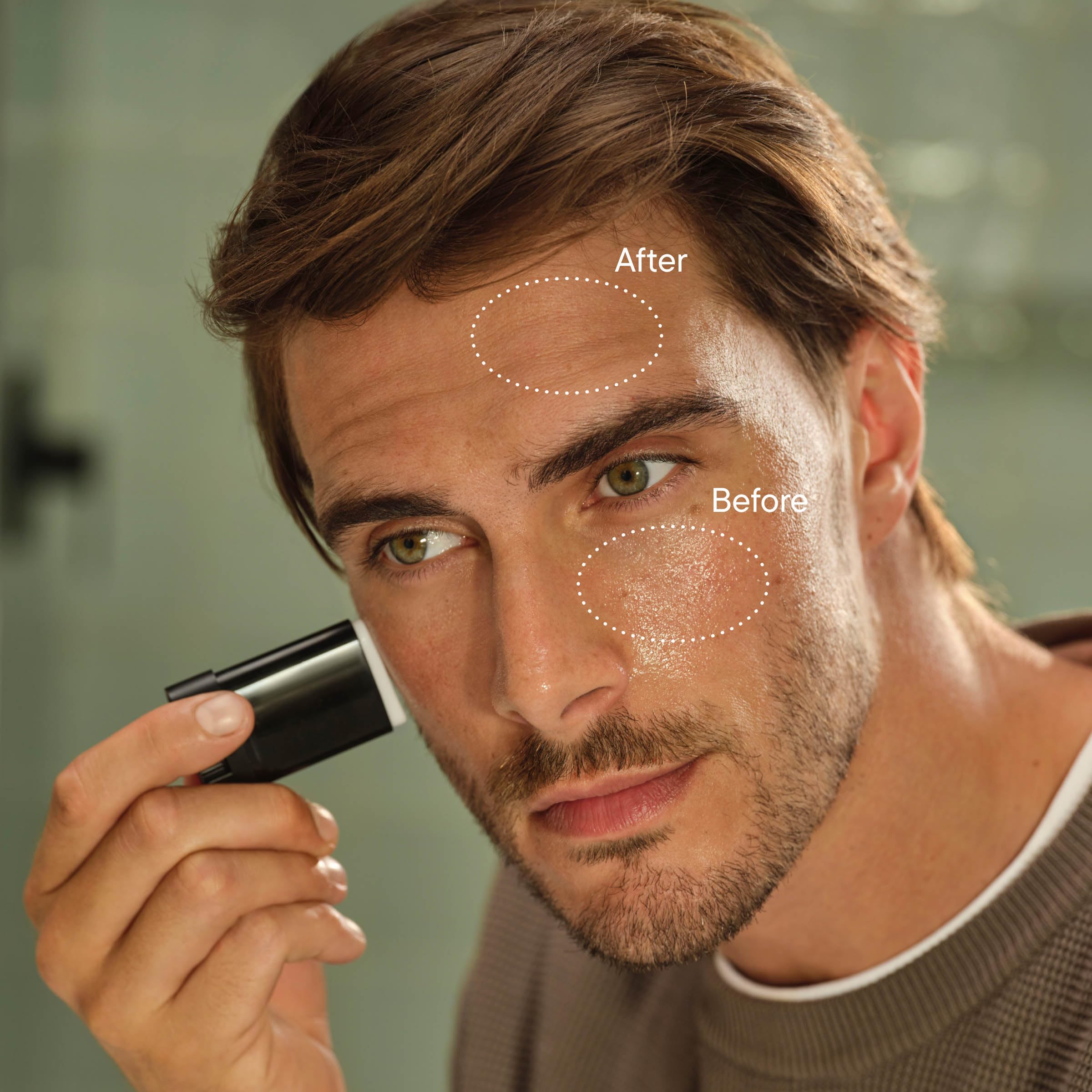 Harry's Anti-Shine Stick showing oil absorption action on skin