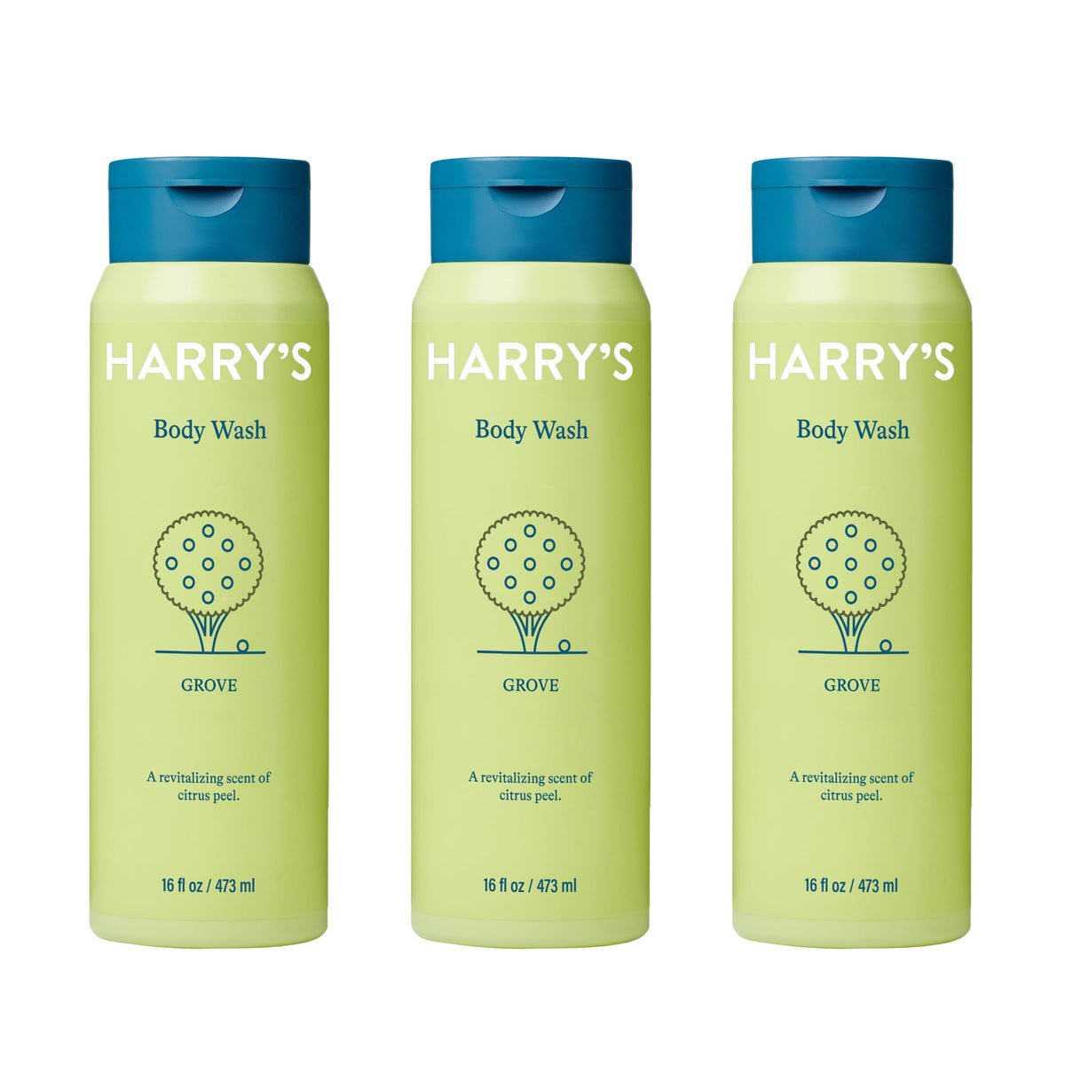 Harry's Grove body wash bottle front view, paraben-free formula.
