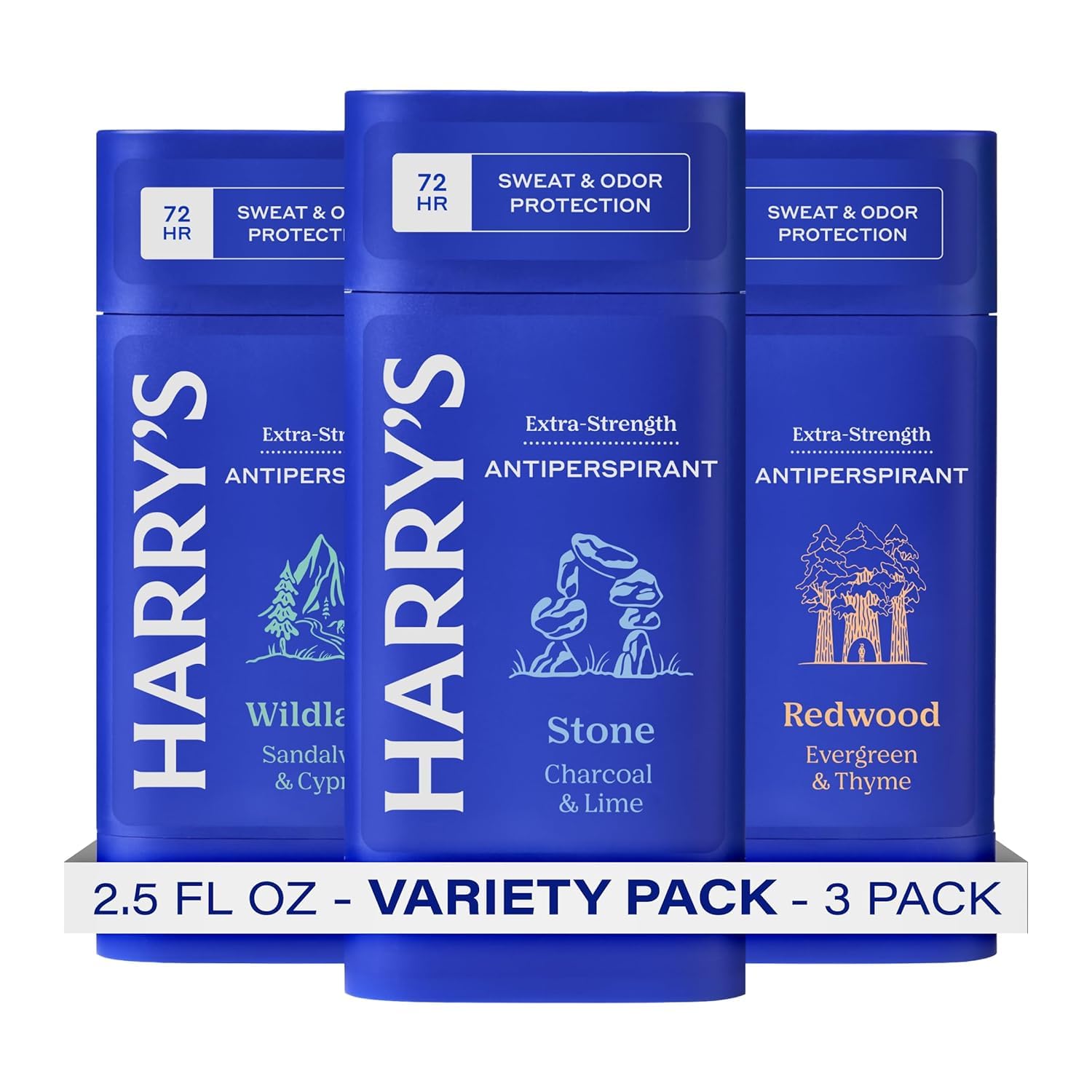 Harry's extra-strength antiperspirant Stone packaging showcases a three-pack for daily use.
