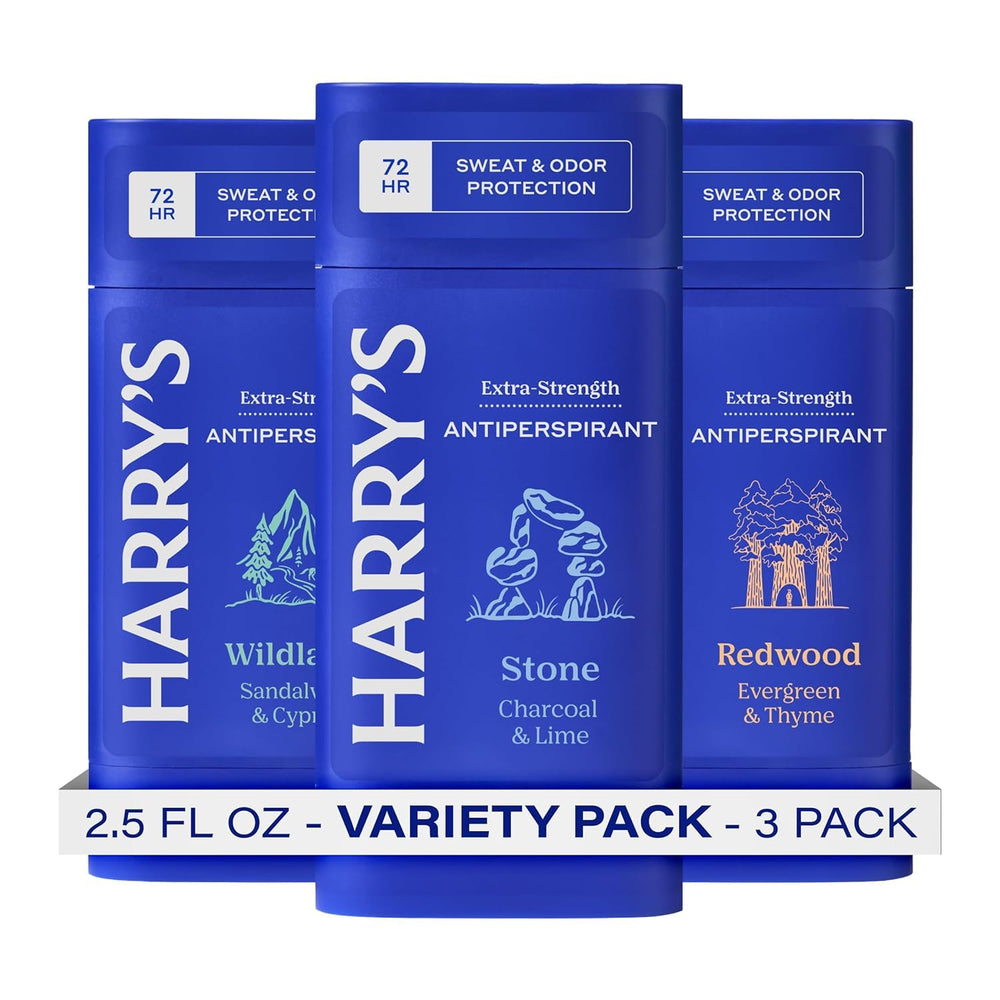 Harry's extra-strength antiperspirant Stone packaging showcases a three-pack for daily use.