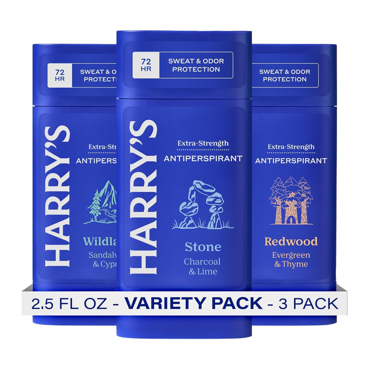 Harry's extra-strength antiperspirant Stone packaging showcases a three-pack for daily use.