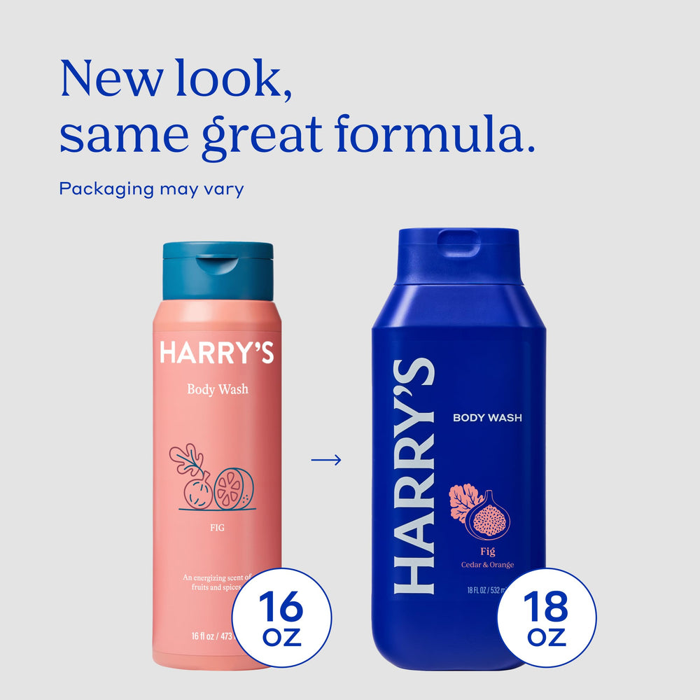 Harry's Fig Body Wash label close-up highlighting sensitive-skin friendly formula.