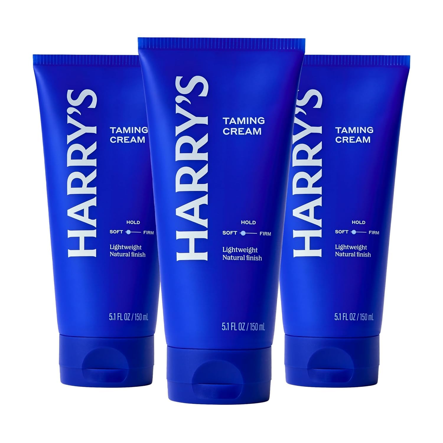 Harry's Hair Taming Cream packaging varies and bottle shot for soft hold and natural finish.