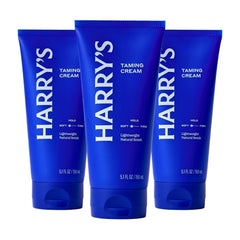 Harry's Hair Taming Cream packaging varies and bottle shot for soft hold and natural finish.
