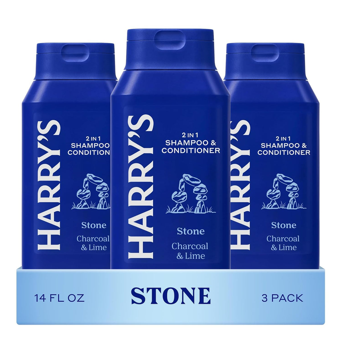 Harry's Stone 2 in 1 bottle front highlights the new scent for daily refresh.