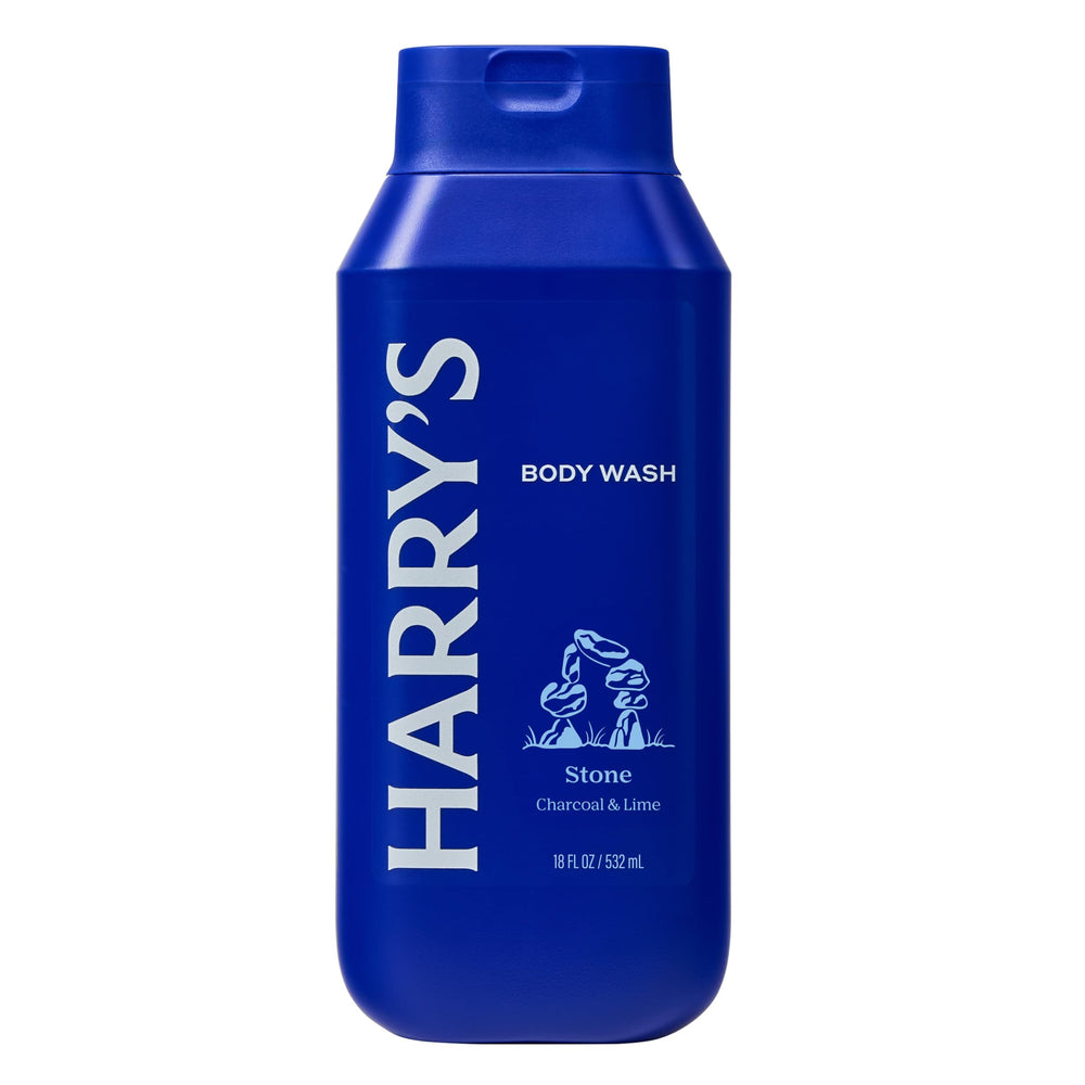 Harry's Stone body wash bottle front view showcases sleek packaging and premium feel.