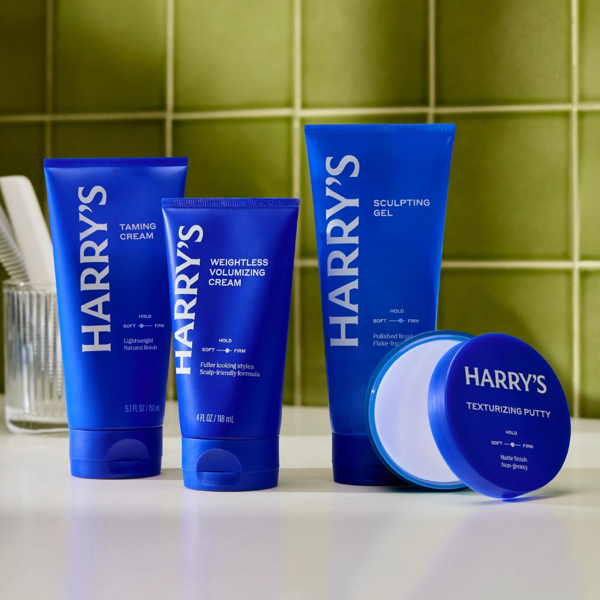 Harry's Weightless Volumizing Cream packaging closeup emphasizes clean ingredients and modern design.