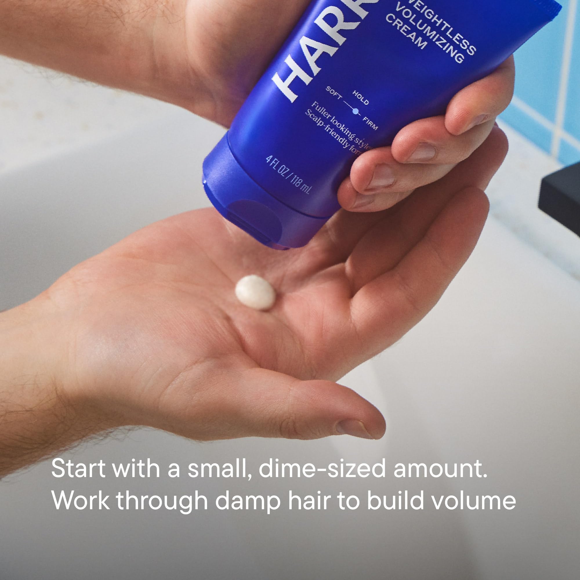 Harry's Weightless Volumizing Cream swirl texture highlights body without heaviness for everyday style.