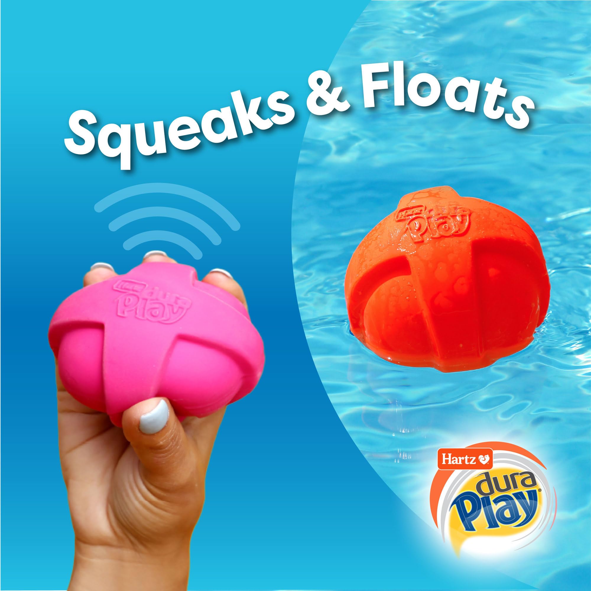 Hartz DuraPlay dumbbell squeaky latex toy promotes active fetch.