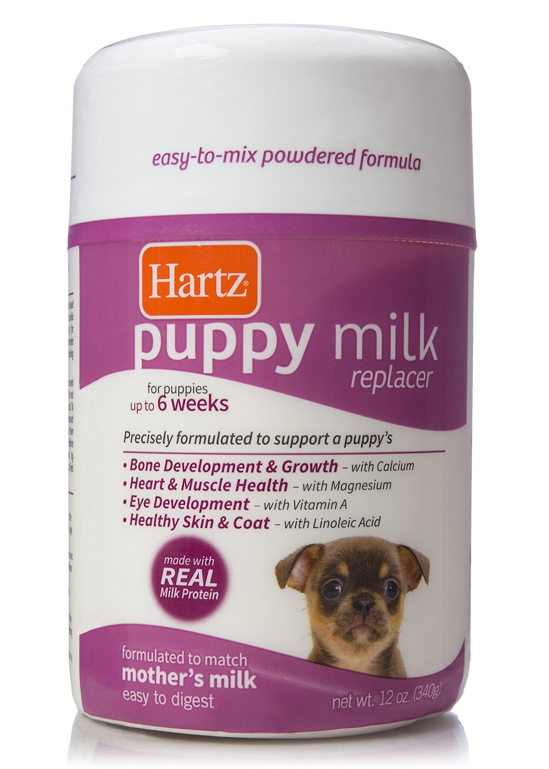 Lait en poudre Hartz pour chiots sur emballage, prêt à mélanger.