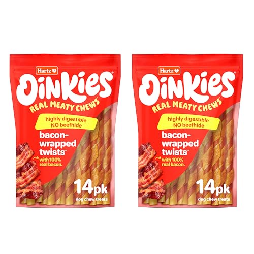 Opened Hartz Oinkies bag revealing bacon-wrapped chews for dogs