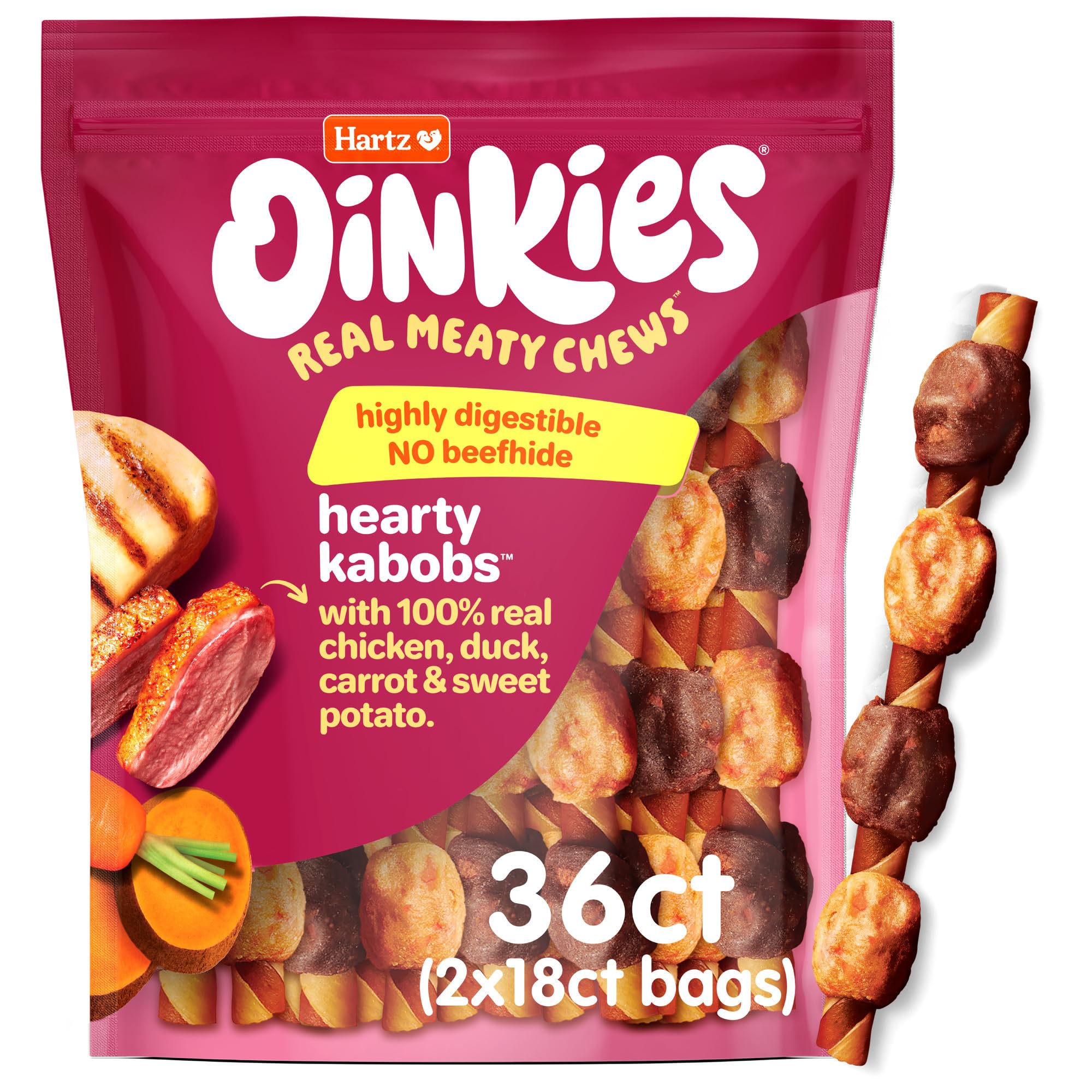 Hartz Oinkies Hearty Kabob packaging shows natural ingredients.