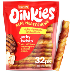 Hartz Oinkies Porkalicious packaging front shows 32-count smoked pigskin jerky twists for dental-friendly chewing