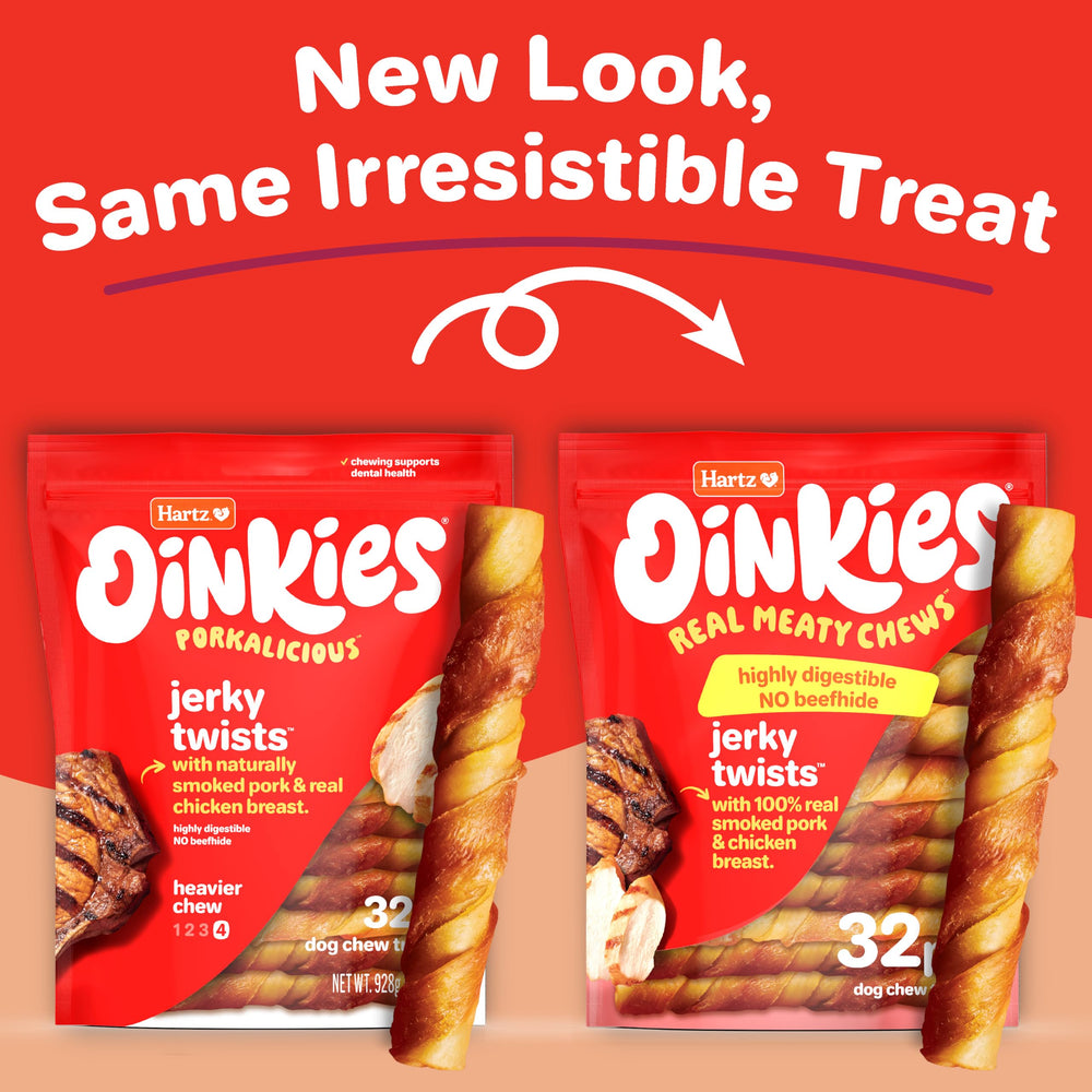 Hartz Oinkies porkalicious close-up reveals layered pigskin and chicken breast ingredients