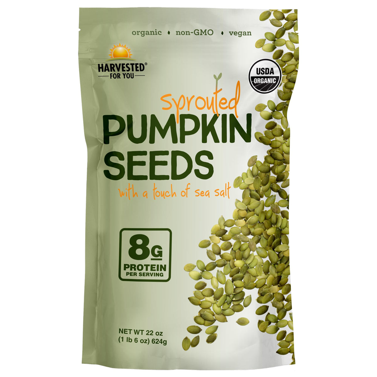 Harvested For You sea salted sprouted pumpkin seeds offer a crunchy, protein-rich snack