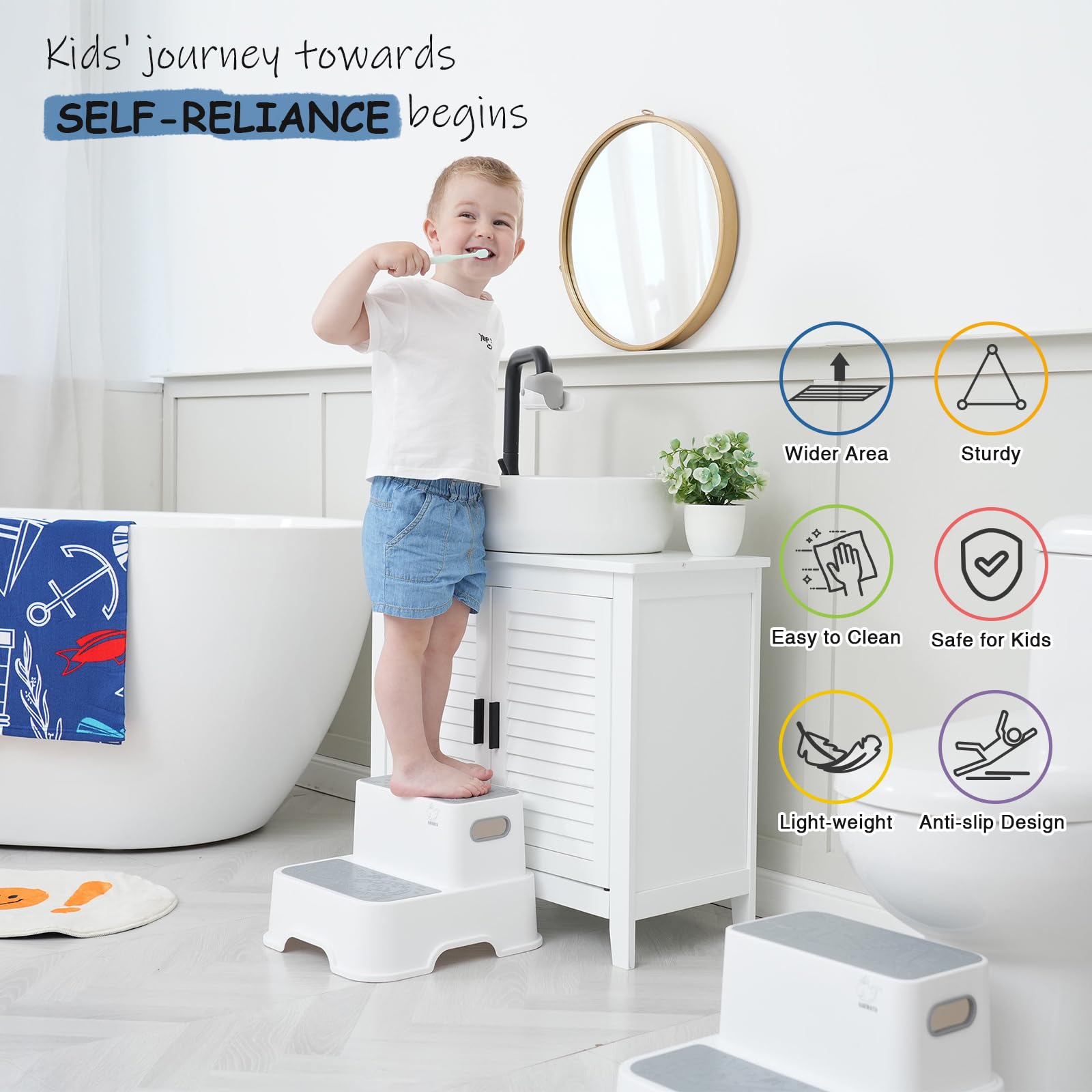 Harwaya step stool handle closeup shows secure grip for small hands