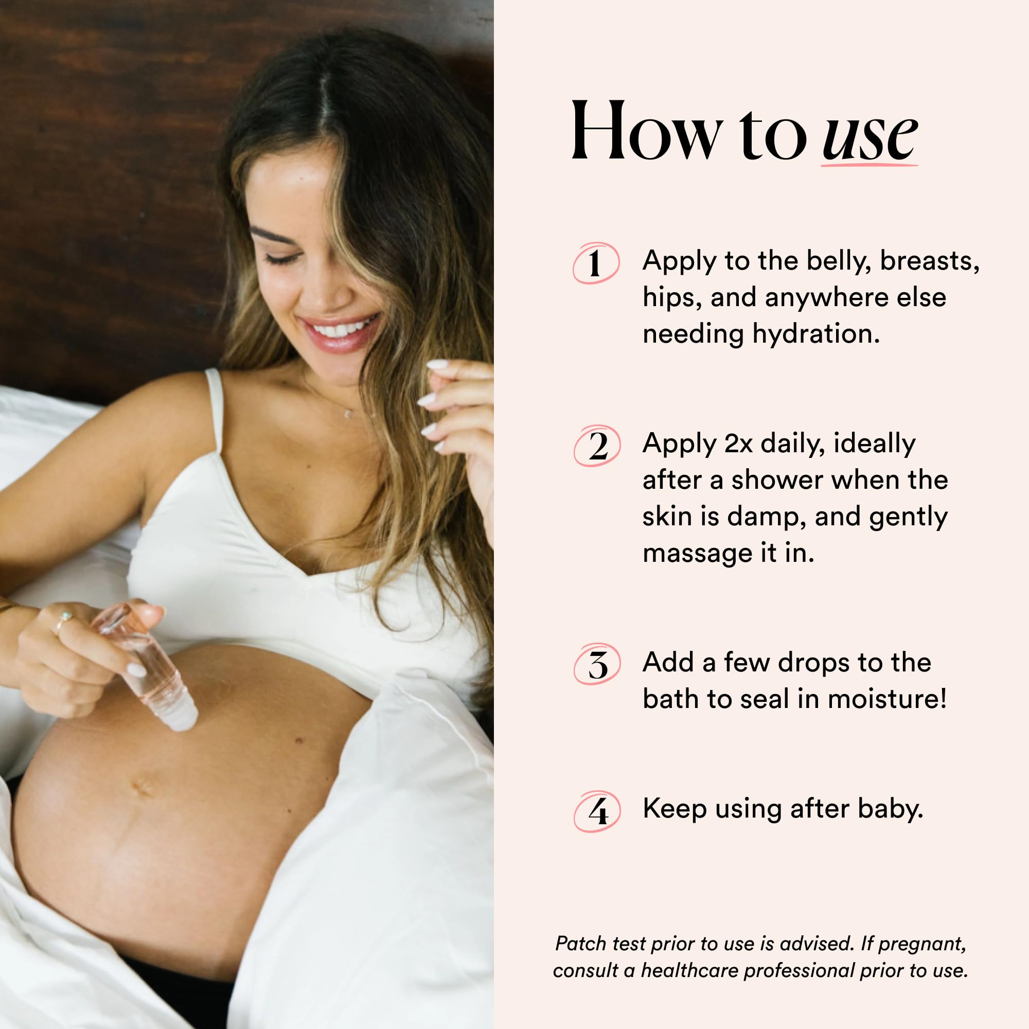 HATCH Belly Oil on breasts and hips illustrates full-body hydration option.