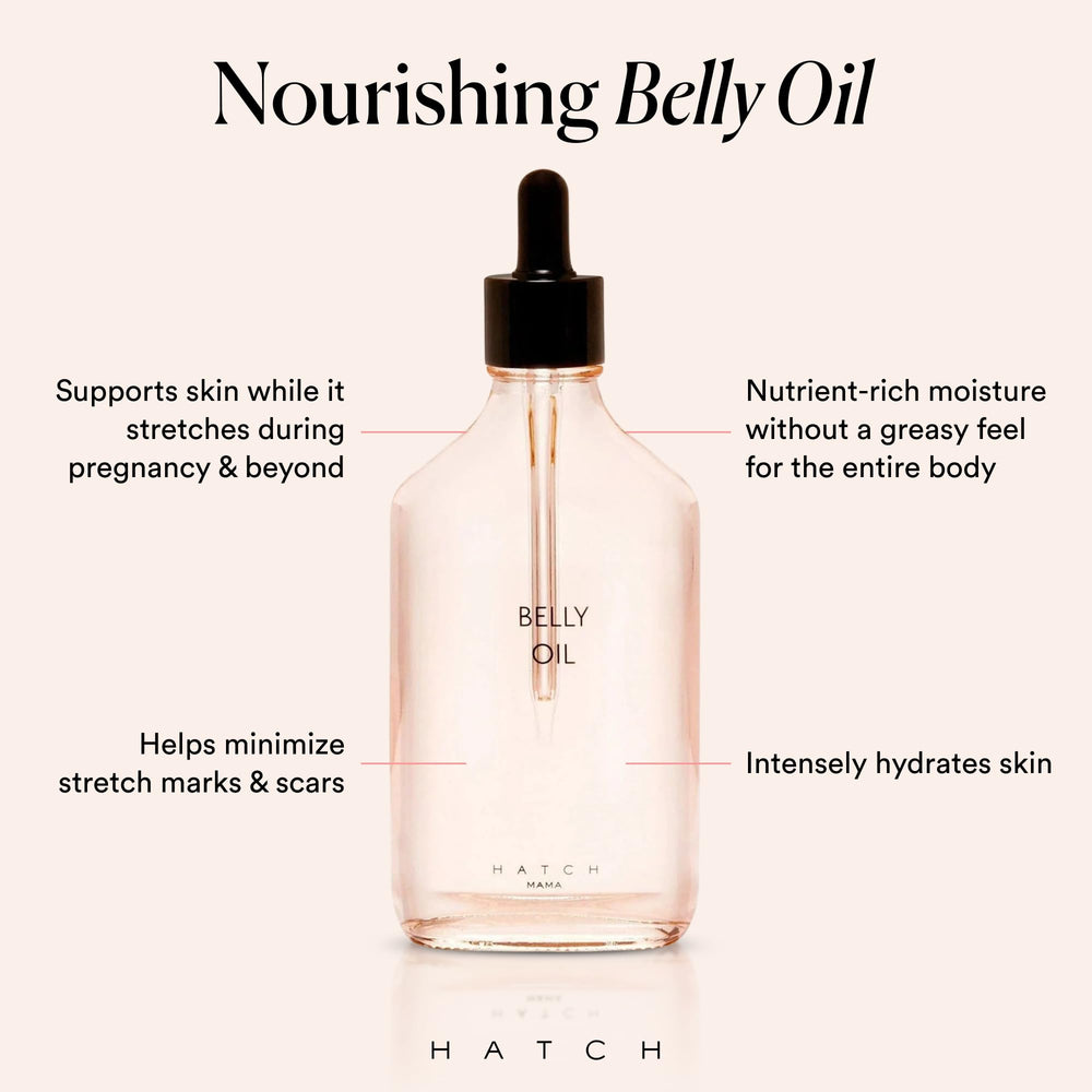 HATCH Belly Oil quickly absorbs to reduce greasy feel after shower.