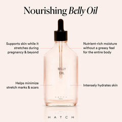 HATCH Belly Oil quickly absorbs to reduce greasy feel after shower.