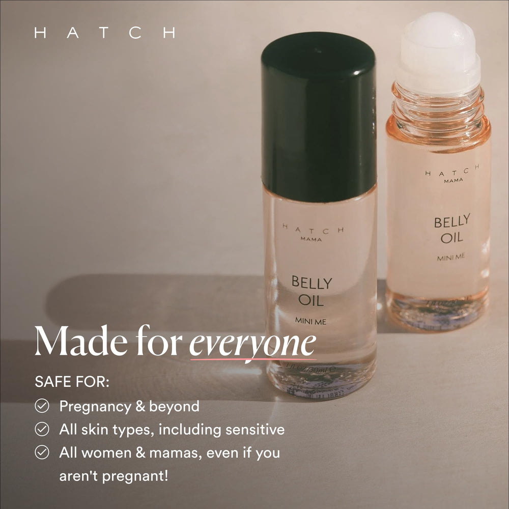 HATCH Belly Oil packaging shows eco-friendly vegan skincare commitment for mamas.