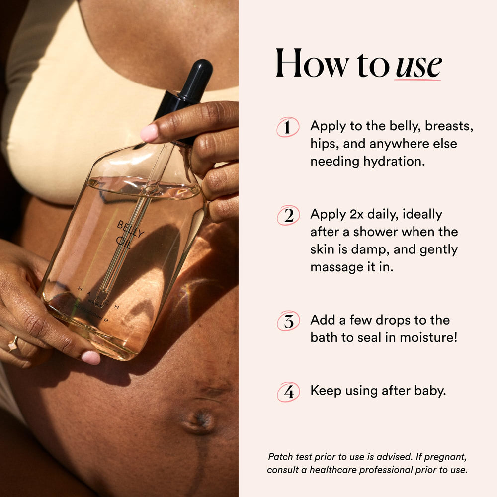 HATCH Belly Oil supports stretch-prone areas with hydrating nourishment.