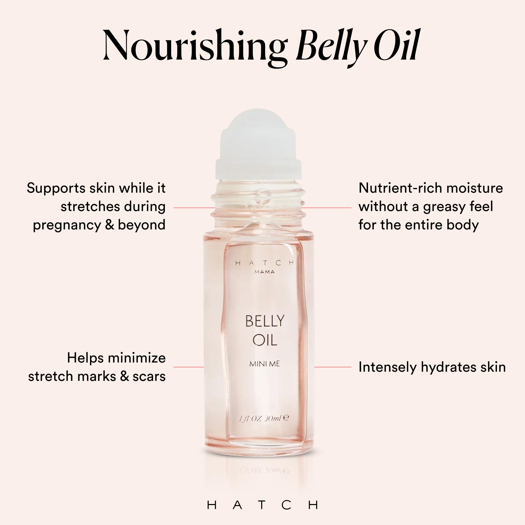 HATCH Belly Oil texture swirl shows quick-dry hydrating formula for sensitive skin.