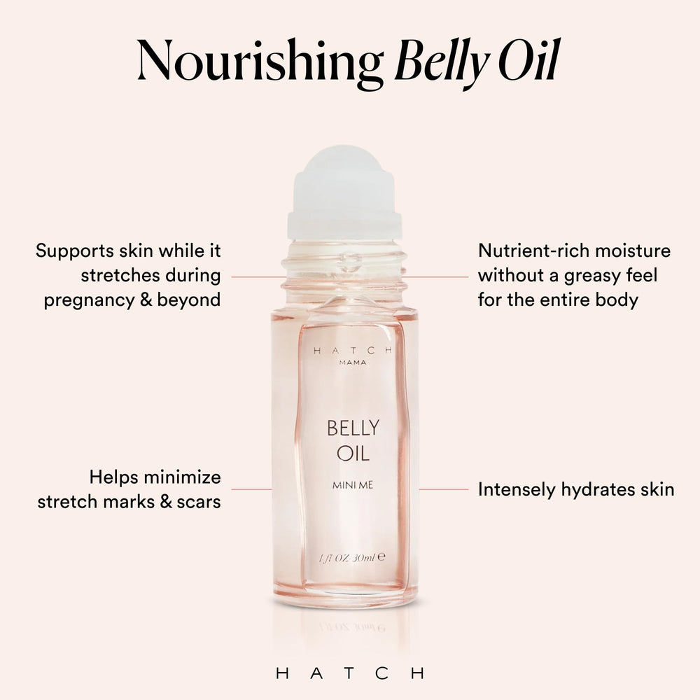 HATCH Belly Oil texture swirl shows quick-dry hydrating formula for sensitive skin.