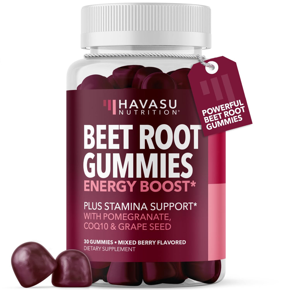 HAVASU Nutrition Beet Root Gummies bottle shot highlighting CoQ10 and pomegranate for daily energy support