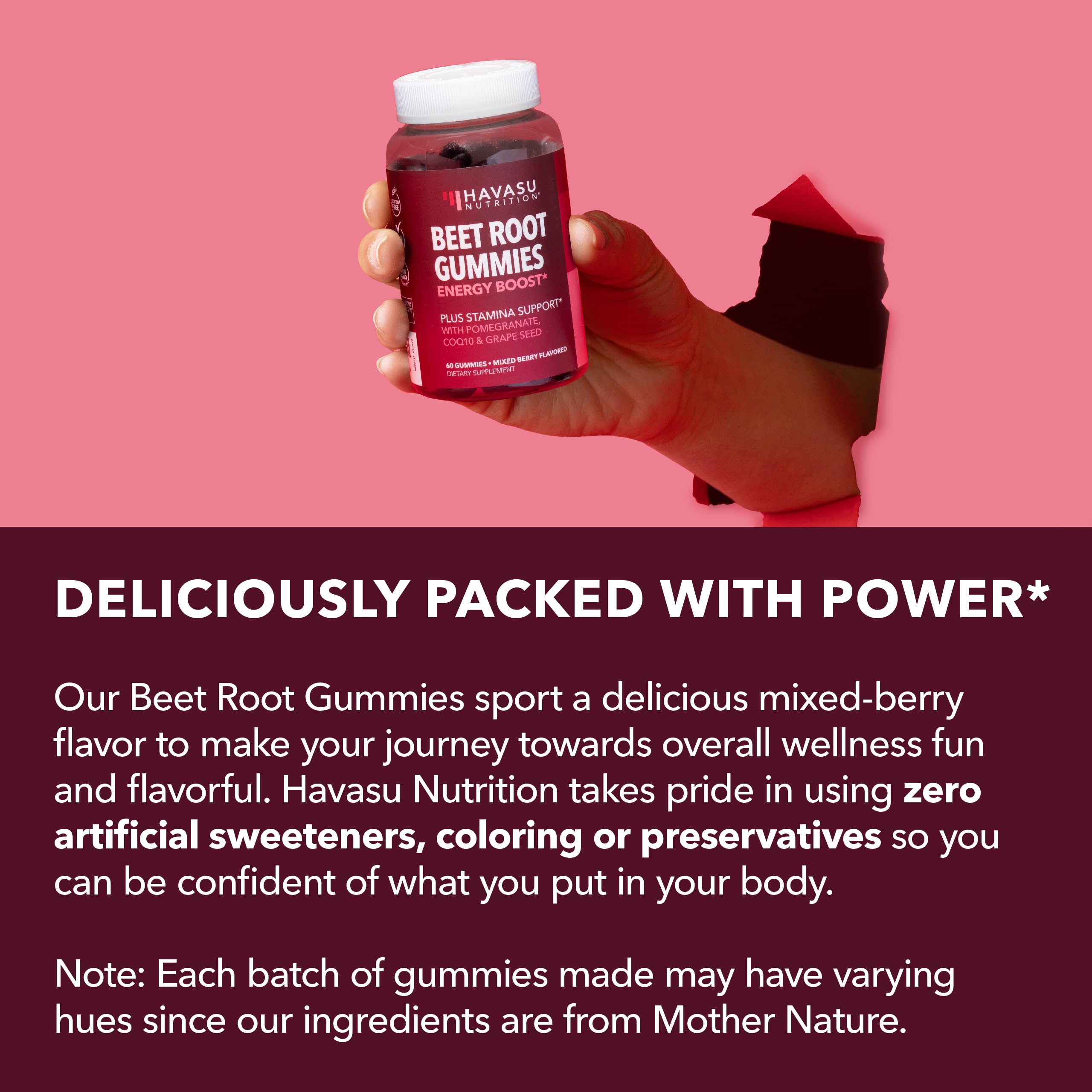 Vegan and Non-GMO badge beside HAVASU Nutrition Beet Root Gummies