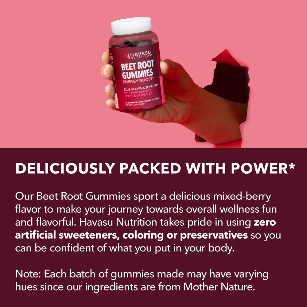 Vegan and Non-GMO badge beside HAVASU Nutrition Beet Root Gummies