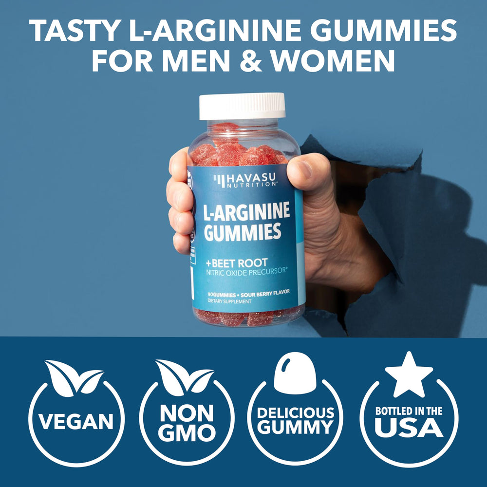 HAVASU NUTRITION L-Arginine Gummies glass of water beside bottle after workout.