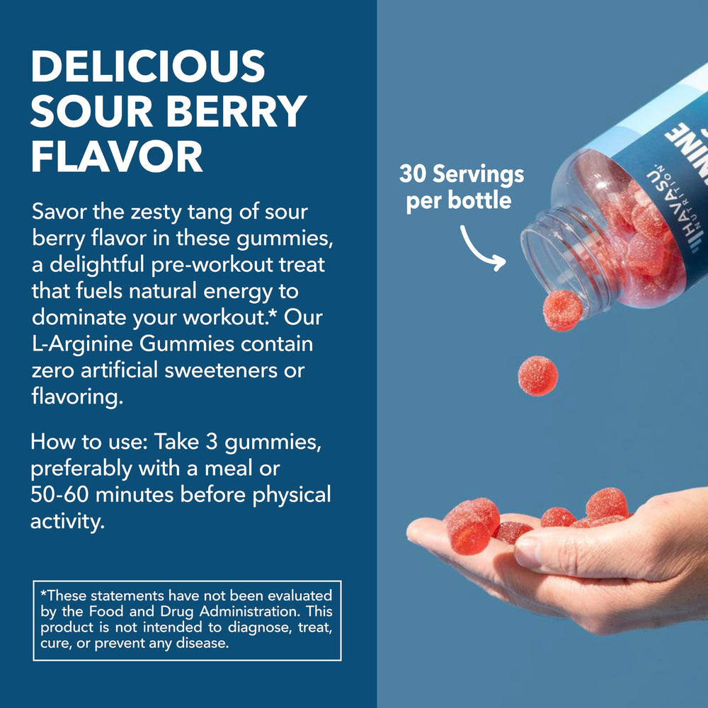 HAVASU NUTRITION L-Arginine Gummies label detail highlights vegan, non-GMO formula.