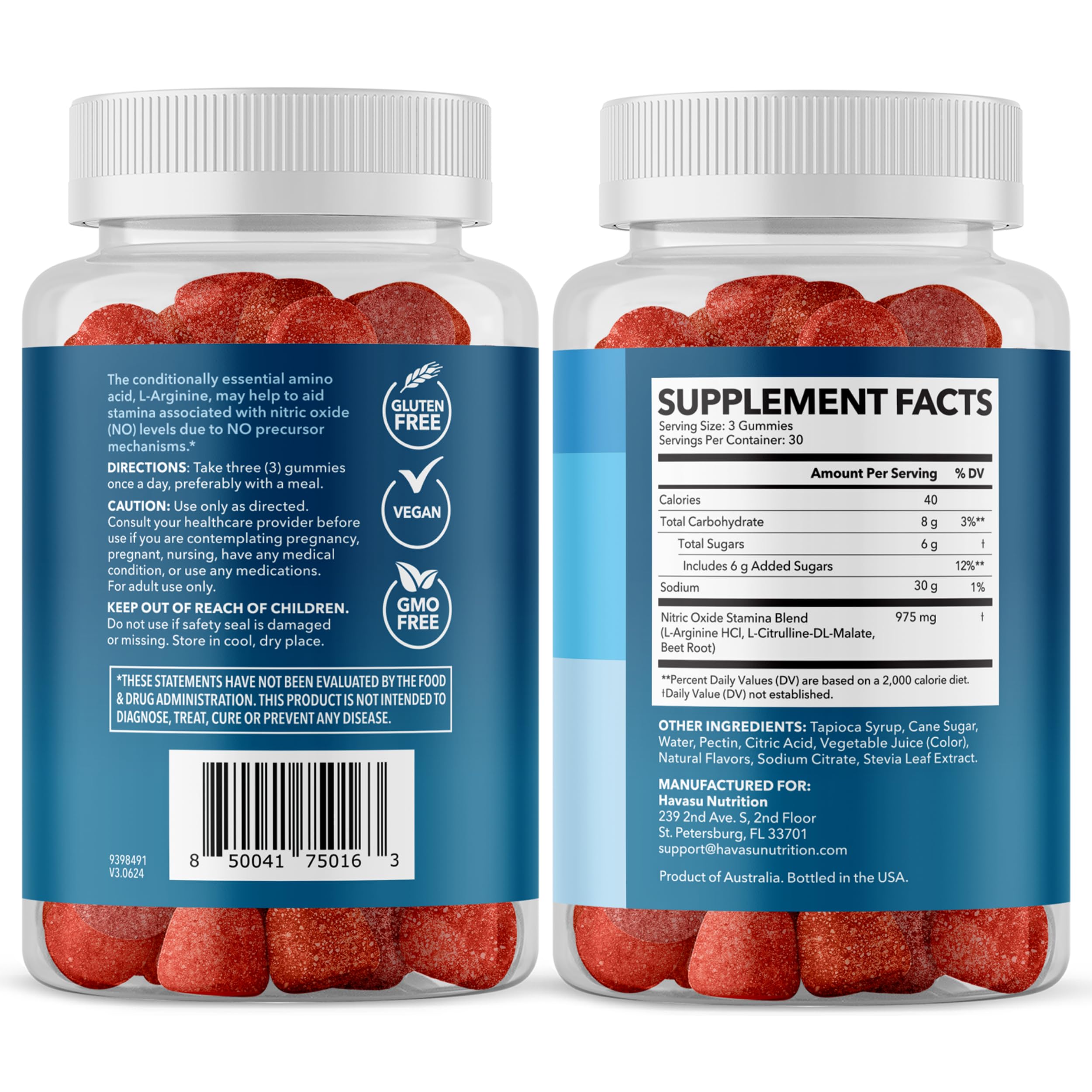 HAVASU NUTRITION L-Arginine Gummies resealable packaging on shelf, keeps gummies fresh.