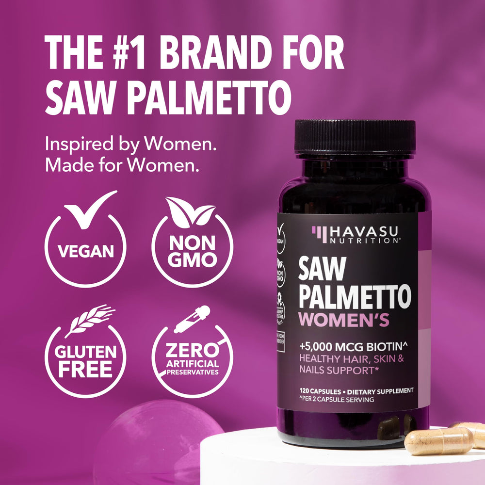 HAVASU NUTRITION label closeup showing saw palmetto and biotin details.