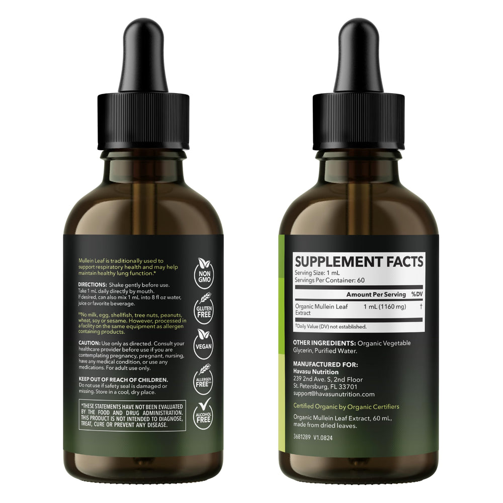 Havasu Nutrition Mullein Drops product shot with two-month supply highlights value.