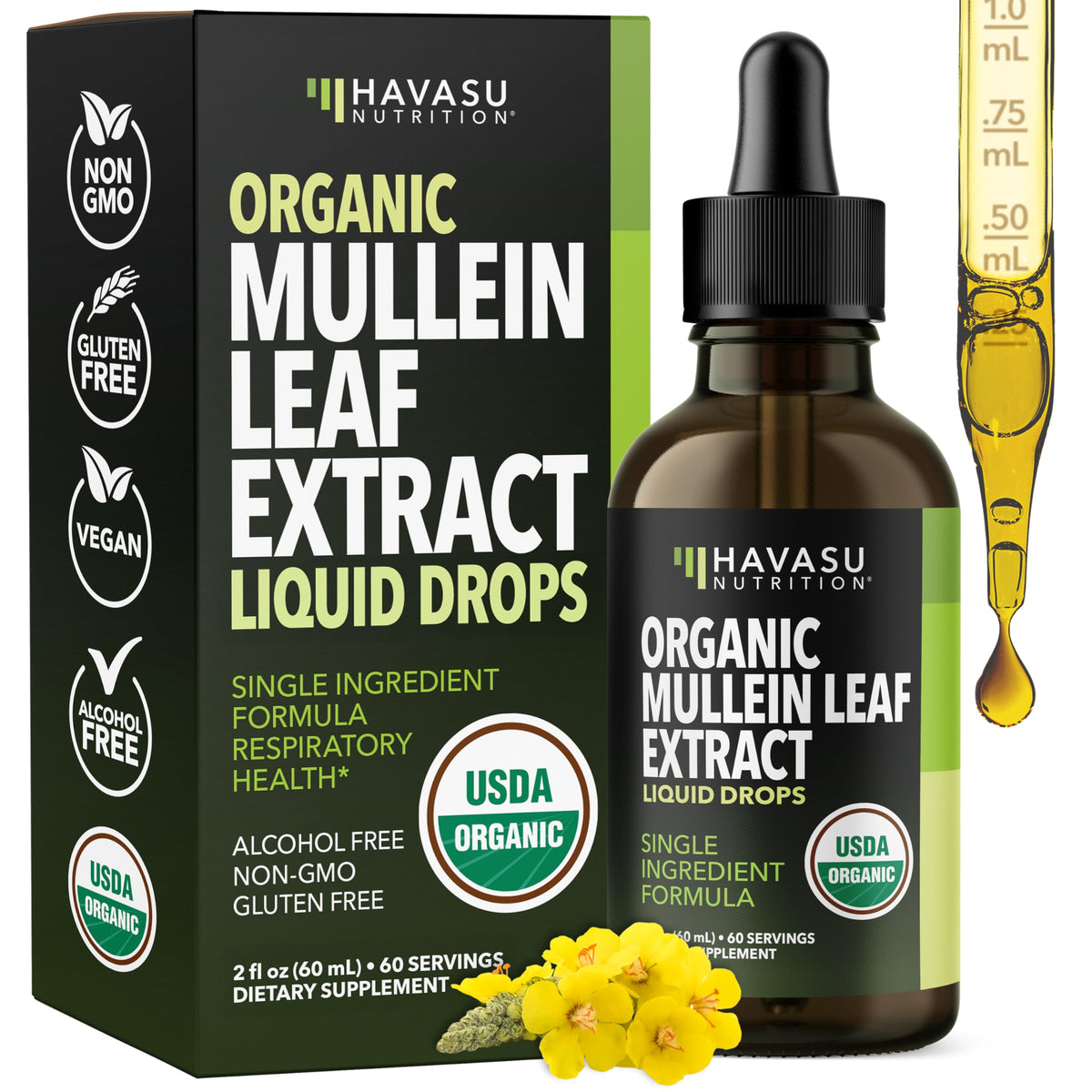 Havasu Nutrition Mullein Drops bottle label close-up showing organic mullein for respiratory support.