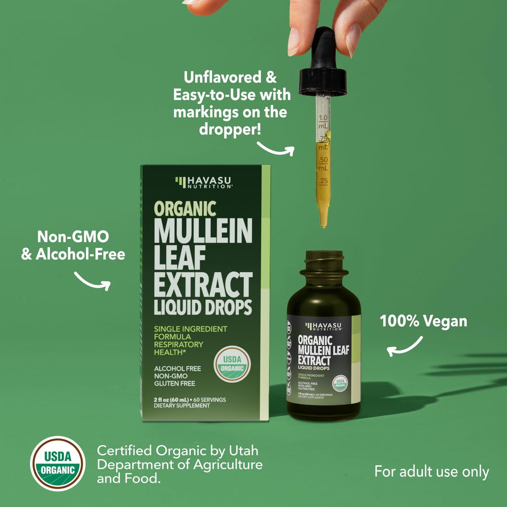 Havasu Nutrition Mullein Drops label with organic seal communicates purity.