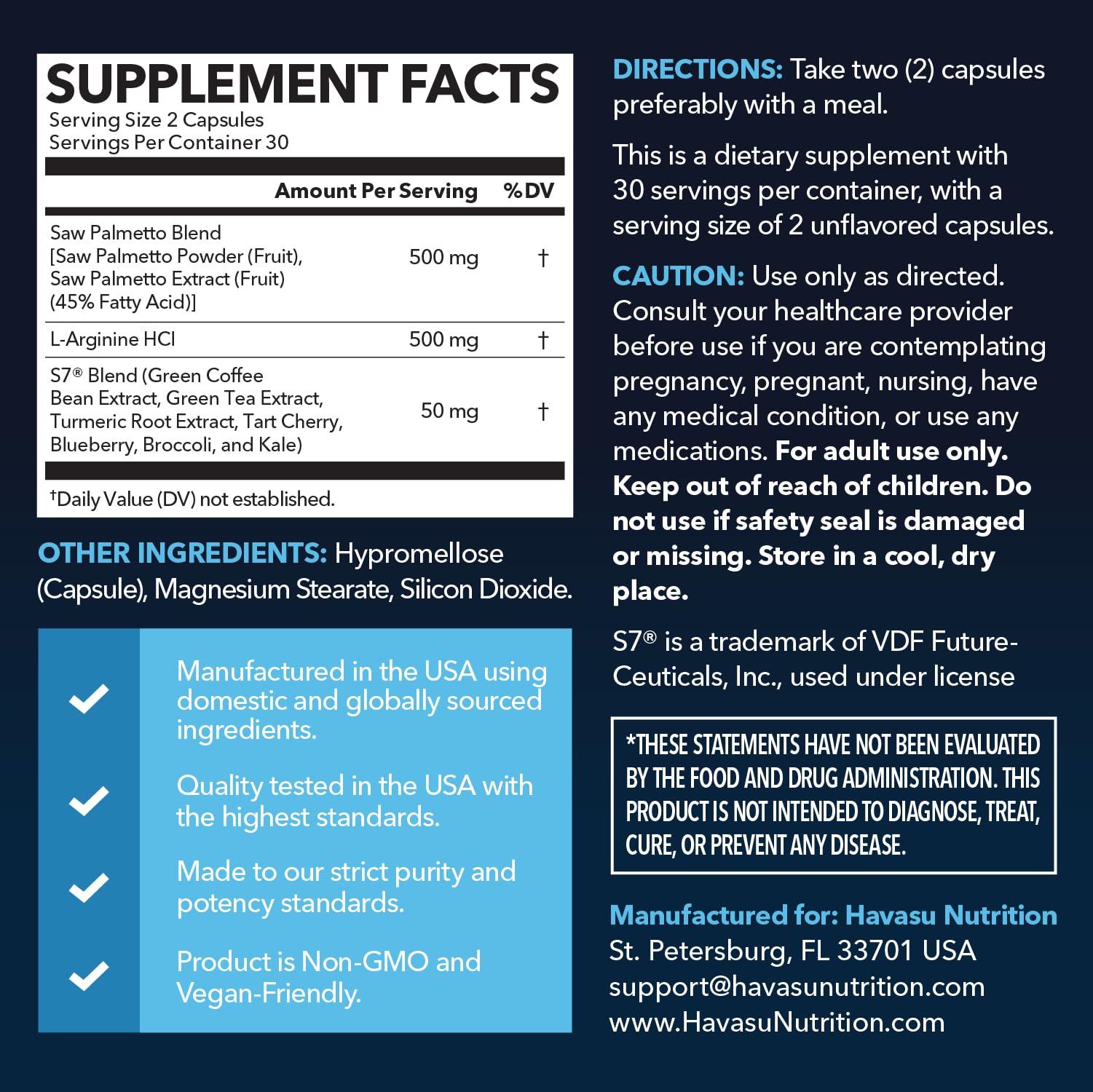 HAVASU Nutrition capsules close-up highlighting L-Arginine 500 mg for endurance